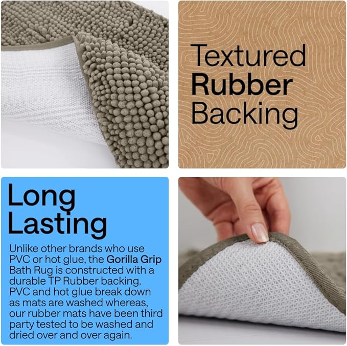 GORILLA GRIP Bath Rug Mat 36x24, Thick Soft Absorbent Chenille, Quick Dry Microfiber Mats, Rubber Backing Washable Shower Floor Rugs, Bathmat Runner, US Designed Bathroom Home Decor Accessories Latte