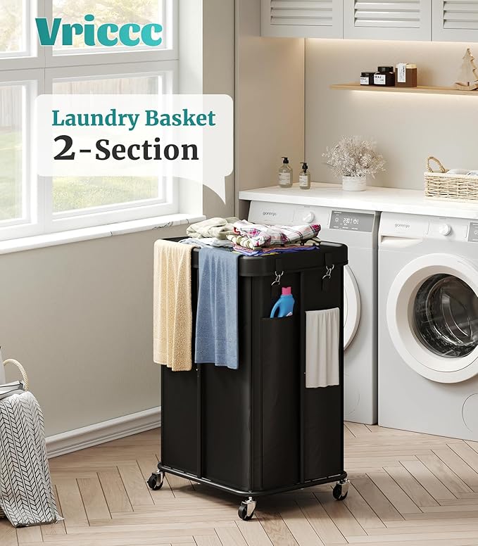 Laundry Hamper with Wheels, Rolling Laundry Basket with Metal Frame and Removable Bag, Double Laundry Hamper 2 Section, Large & Tall Dirty Clothes Hampers for Bedroom Aesthetic, Laundry Room, Bathroom
