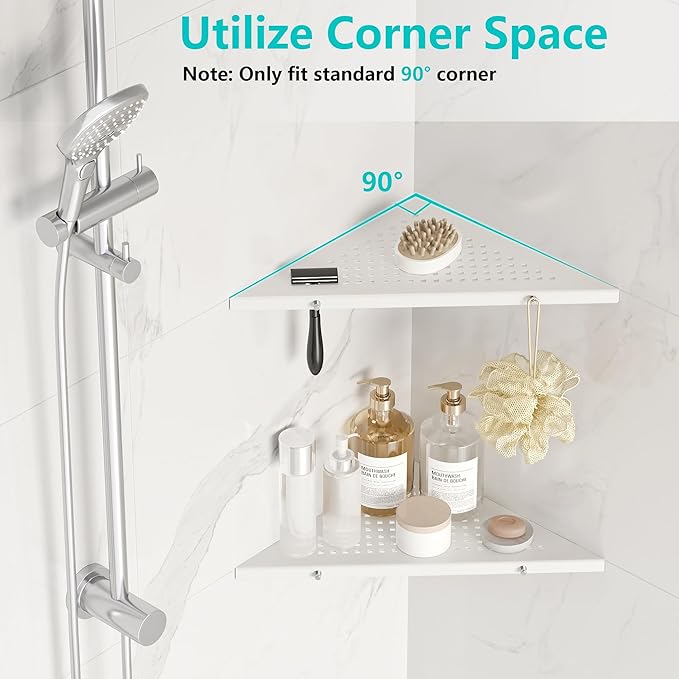Qeke 10" Bathroom Corner Shelf, 2 Pack Recessed Shower Shelf Caddy, SUS304 Stainless Steel Shelf Wall Mount Triangular, No Drilling Matte White