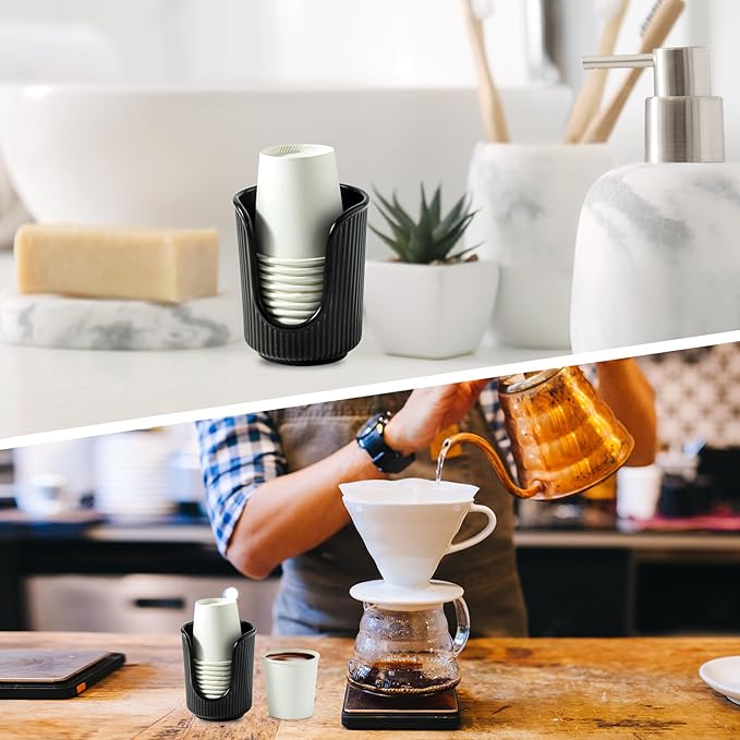 Dobbyby Ceramic Bathroom Cup Dispenser with Stylish Vertical Stripes - Disposable Mouthwash Cup Holder Holds 3-4oz Paper Cups for Rinsing Cups on Bathroom Vanity Countertops (Black)