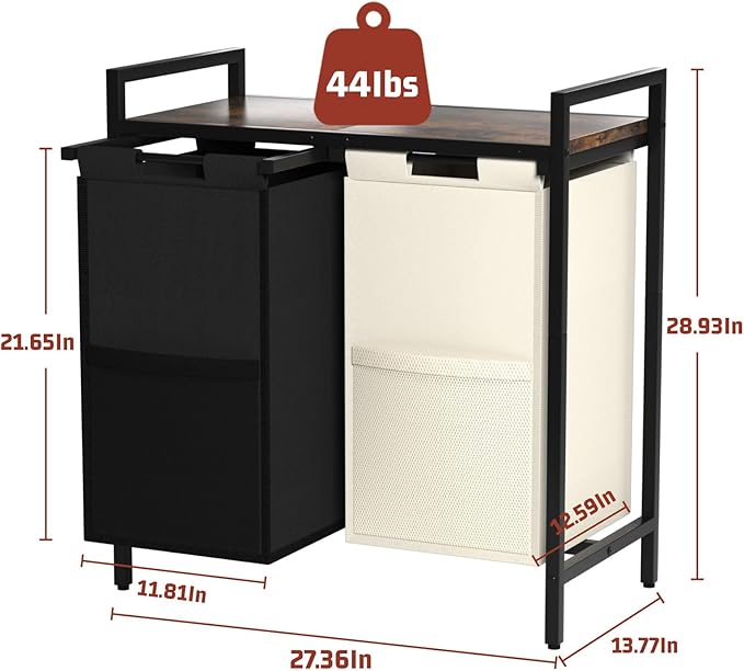 Huhote Double Compartment Laundry Basket, Laundry Sorter with Top Shelf, 2 Removable Washable Bags, Side Pockets, Black & White