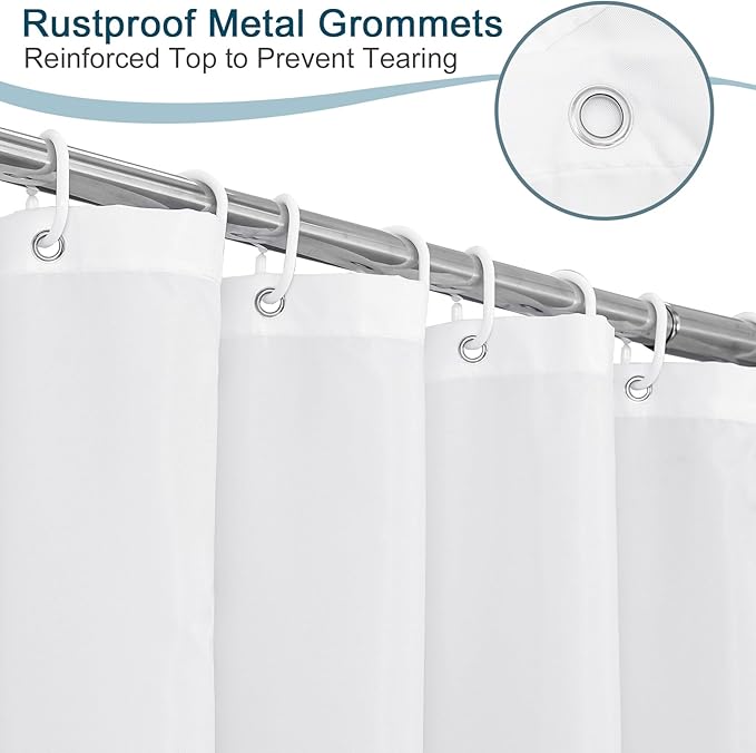 AooHome Extra Long Shower Curtain Liner, Fabric Shower Curtain with Hooks for Hotel, Waterproof, 72 Width x 84 Height Inch, White