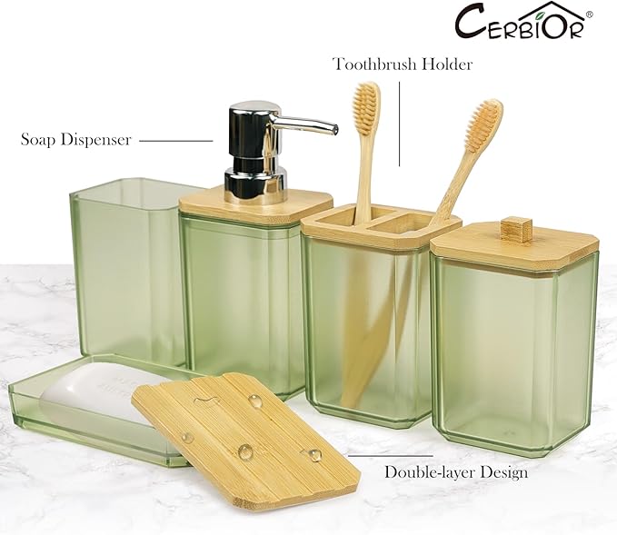 CERBIOR Bathroom Accessories Set 7 Piece Bath Ensemble Includes Soap Dispenser, Toothbrush Holder, Toothbrush Cup, Soap Dish for Decorative Countertop and Housewarming Gift (Green)