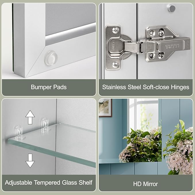 16x20 Inch Beveled Bathroom Medicine Cabinet with Mirror, Assembly Needed, Recessed or Wall Mount, 1 Adjustable Tempered Glass Shelf, Aluminum Medicine Cabinet, Side Mirror, Reversable Door