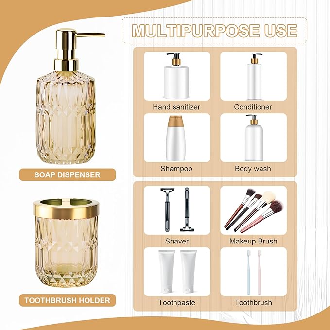 Glass Bathroom Accessories Set, 2PCS Clear Glass Bathroom Accessory, Toothbrush Holder and Soap Dispenser Set for Modern Bathroom Decor(Brown)