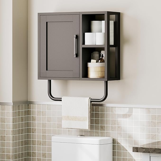 YATINEY Medicine Cabinet, Bathroom Wall Cabinet with Towel Bar, Adjustable Shelf and Open Partition, Over The Toilet Storage Cabinet, for Bathroom, Laundry Room, Living Room, Kitchen, Black