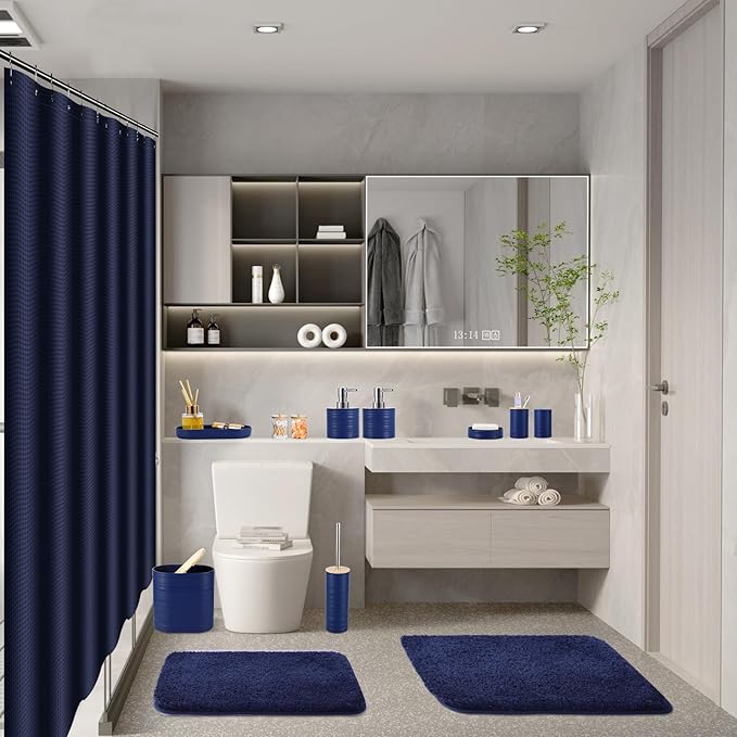 XLHOMO Bathroom Set - Navy Blue Bathroom Accessories Set, Bathroom Sets with Shower Curtain and Rugs, 25PC Shower Curtain Set with Hooks, Soap Dispenser, Soap Dish, Toilet Brush Holder and Trash Can