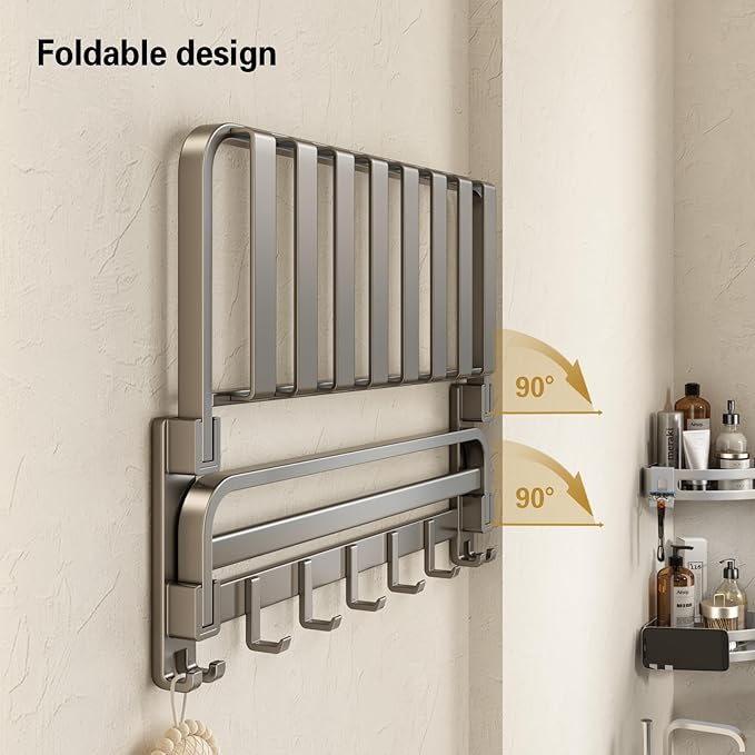 VOLPONE Bathroom Towel Rack with Double Towel Bar Foldable Towel Shelf Wall Mounted Towel Storage with Hooks No Assembly Required 24Inch Matte Grey