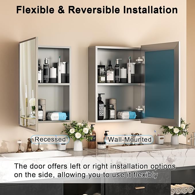 32x24 Inch Bathroom Medicine Cabinet with Mirror, Pre-Assembled Bathroom Medicine Cabinets, Surface/Recessed Wall Mounted Farmhouse Large Medicine Cabinet, Sliver