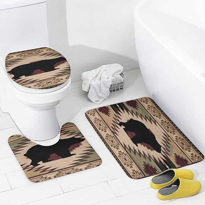 Rustic Black Bear Shower Curtain Sets with Rugs 4 Piece Accessories Bathroom Curtains Shower Set Include Shower Curtain Non-Slip Rug Toilet Lid Cover Bath Mat One Size