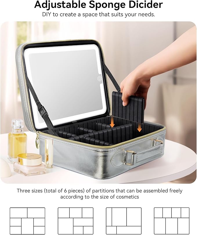 JUSRON Travel Makeup Bag With LED Mirror, Cosmetic Train Case with Light up Mirror, Portable Makeup Artist Organizer Bag with Adjustable Dividers, Makeup Brush Holder Storage (Sliver, Large)