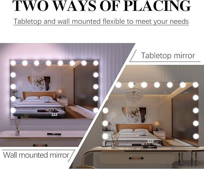 BEAUTME Large Vanity Mirror with Lights, 35.9''×24.3'' Hollywood Makeup Mirror with 16 Dimming LED Bulbs, 3 Lighting Modes, Touch Control, Tabletop or Wall Mounted, Black