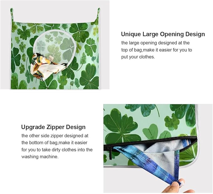 Green St Patrick Clovers Hanging Laundry Hamper Door Hampers Bag Basket with Stainless Steel Hooks Oxford Fabric Printing Decorative Clothes Bags 29.5X20inch 1Pack