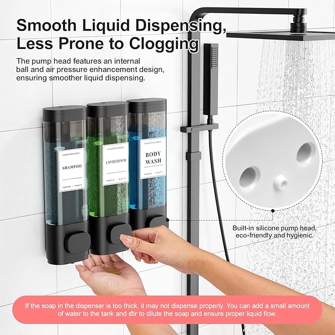 Shampoo and Conditioner Dispenser – Wall-Mounted Shower Soap Dispenser, No-Drill Installation, Lockable, 900 ml Capacity,for Bathroom & Hotel or Airbnb (Black, 3-Pack)