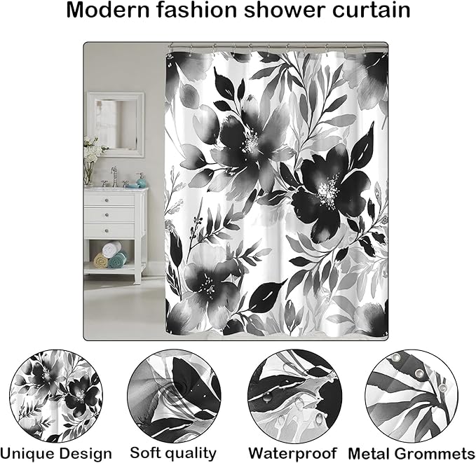 Floral Shower Curtain, Black Watercolor Flower Shower Curtains for Bathroom, Modern Minimalist Waterproof Fabric Bath Decoration 72x72 Inch