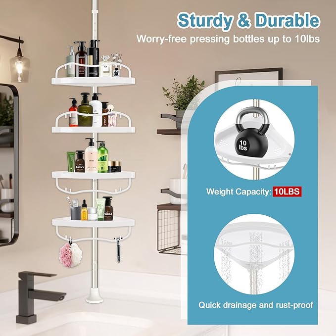 Corner Shower Caddy Tension Pole, Rustproof Bathtub Storage Organizer with 4 Adjustable Shelves, Bathroom Shower Rack Shampoo Holders for Inside Shower, 40"-120" Floor to Ceiling Shower Caddy Silver