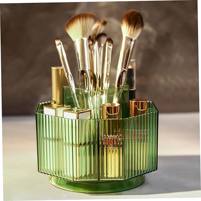 Makeup Brush Holder 360?? Rotating Make Up Brush Organizer 5 Slots Clear Cosmetic Brush Holder Storage Large Capacity Stationary Organizer for Vanity Bathroom Countertop Desktop Green