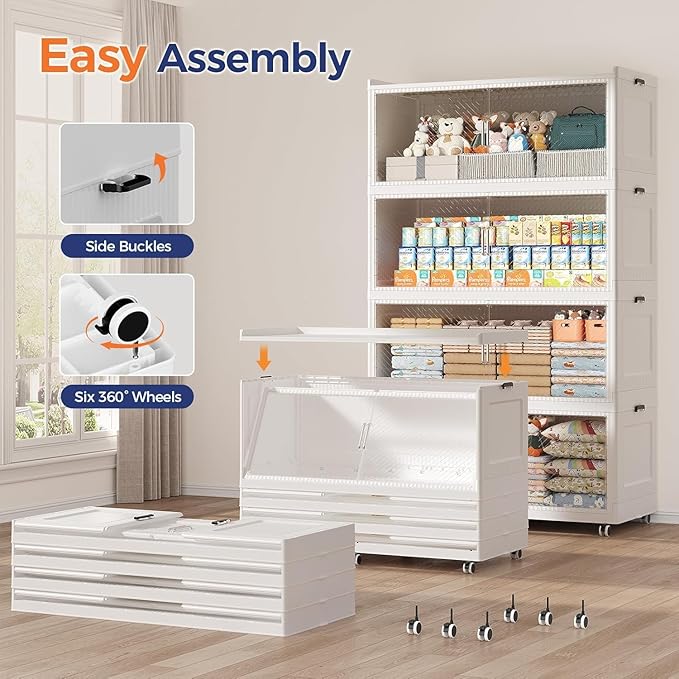 150Gal Extra Large Stackable Storage Bins with Lid, 600Qt Collapsible Storage Box with Wheels, Closet Organizers and Storage Cabinet Container for Home, Kitchen, Office, 3Pack White Clear