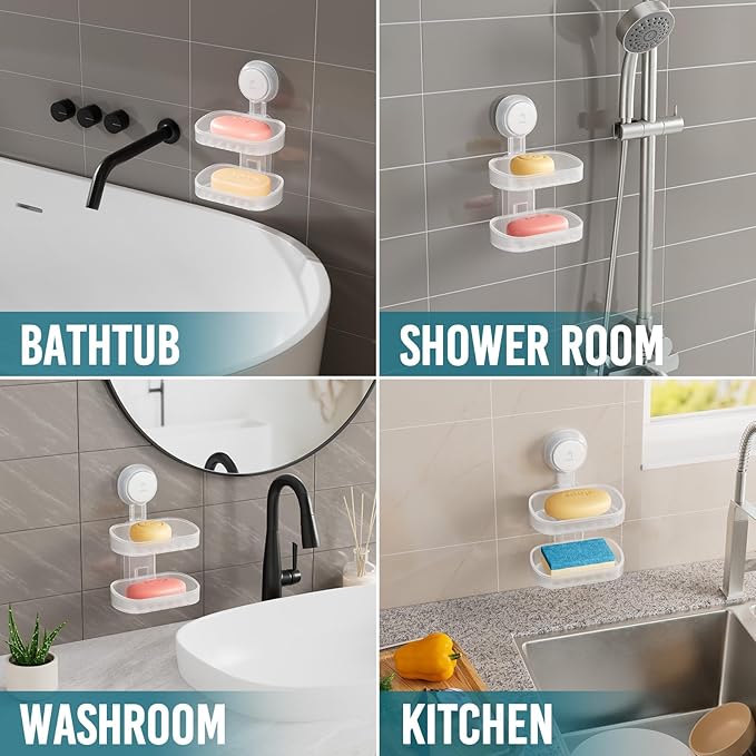 TAILI Soap Holder Soap Dish for Shower, Suction Cup Soap Holder for Shower Wall, Bathroom Accessories, Removable Strong Hold Soap Saver, Drill Free Double Soap Dish, Clear 2 Layer