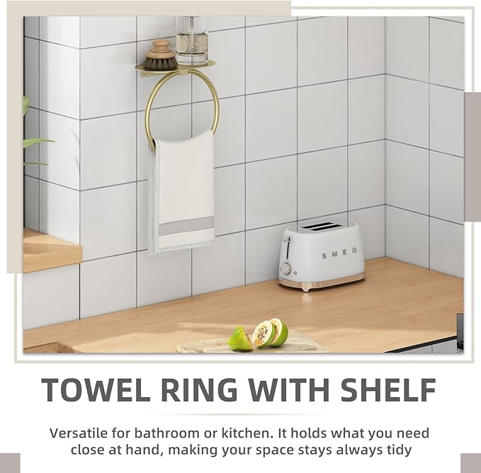 APLusee Brushed Gold Towel Ring with Shelf, 304 Stainless Steel Wall Mounted Hand Towel Holder for Bathroom, Space-Saving Design
