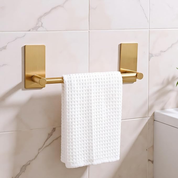 Songtec Gold Towel Bar 9-Inch, Adhesive Bath Towel Rack No Drill, Strong Adhesion Tape Mount Towel Holder, Stainless Steel - Brushed Gold