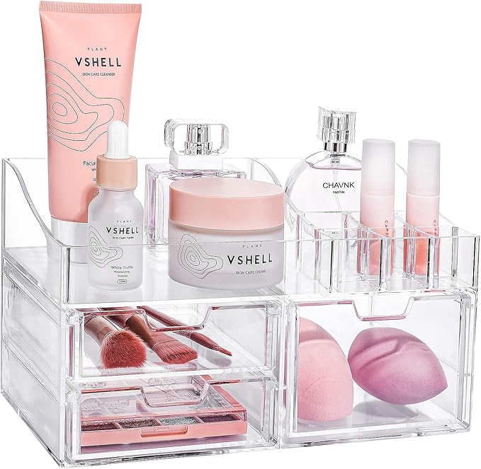 GORET Vanity Makeup Organizer, Acrylic Cosmetic Storage with Large Capacity 3 Drawers for Bathroom Countertop Perfume Lipstick Brushes Skincare Eyeshadow
