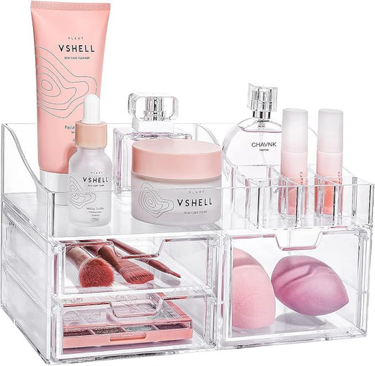 GORET Vanity Makeup Organizer, Acrylic Cosmetic Storage with Large Capacity 3 Drawers for Bathroom Countertop Perfume Lipstick Brushes Skincare Eyeshadow