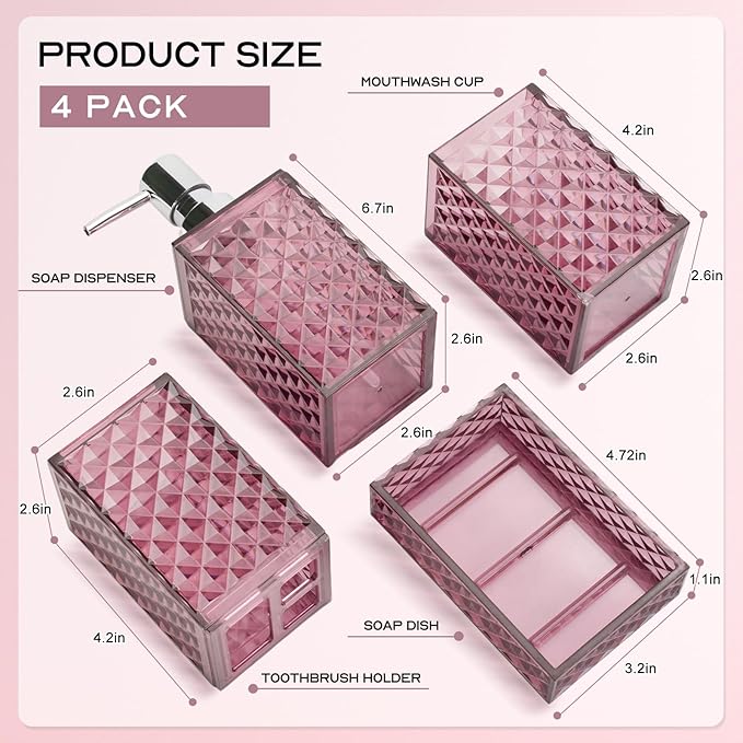 Bathroom Accessory Set, Grid Pattern 4 Pcs Plastic Bathroom Set Include Soap Dispenser, Soap Dish, Toothbrush Holder, Mousewash Cup, Modern Bahtroom D??cor Set(Burgundy)