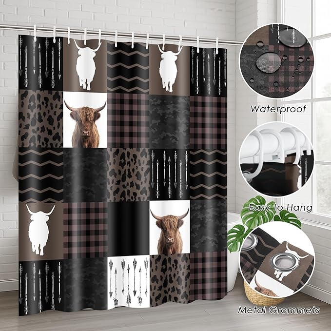 Highland Cow Farm Brown Black Checked Shower Curtain Set with Toilet Lid Cover and Non-Slip Rugs, 4 Pcs Shower Curtain with 12 Hooks, Farmhouse Bathroom Set with Rugs and Accessories