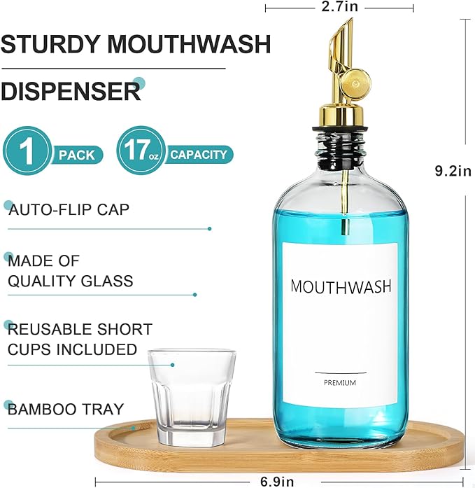 Mouthwash Dispenser for Bathroom, Glass Mouthwash Dispenser with Cup, Mouth Wash Container Bottle with Cup, Refillable Mouthwash Decanter, Clear, 1 Pack, 17oz, with Wooden Tray