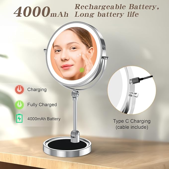 Rocollos 9" Large Lighted Makeup Mirror with 1X/10X Magnification, 4000mAh Rechargeable Vanity Mirror with Height Adjustable & 3 Color Dimmable Lights (9 Inch Chrome)