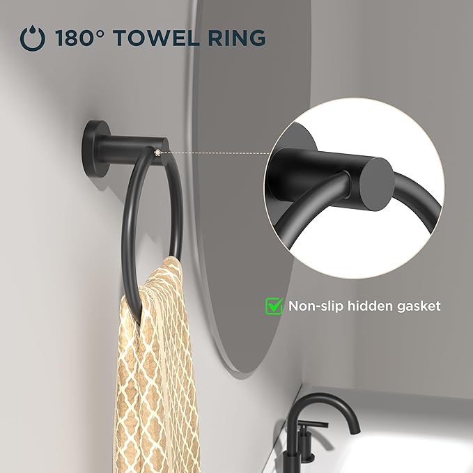 FORIOUS Towel Ring, SUS304 Stainless Steel Modern Hand Towel Holder Rack Hanger Round for Bathroom Wall Mounted, Ideal for Bath, Kitchen, RV (2 Pack, Matte Black)