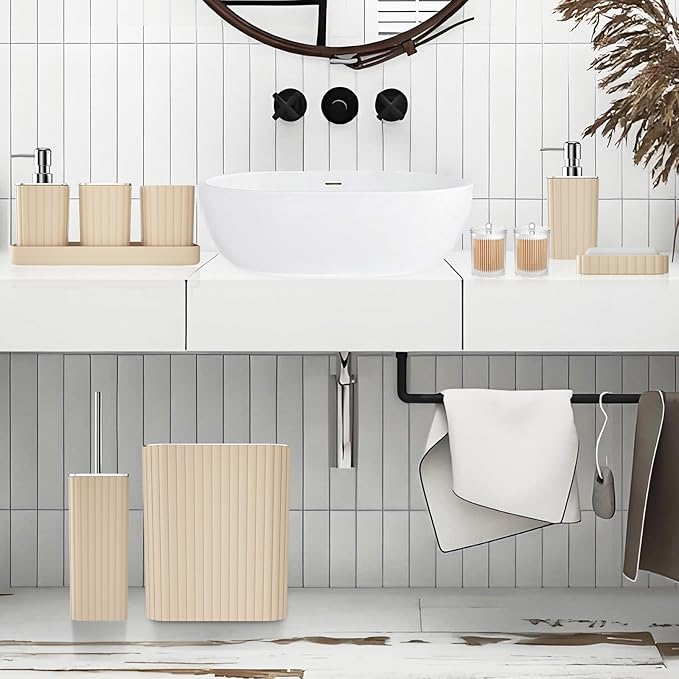 XLHOMO Bathroom Accessories Set - Gorgeous Beige Bathroom Set, 10PC Bathroom Accessory Set, Toilet Brush, Trash Can & Soap Dispenser