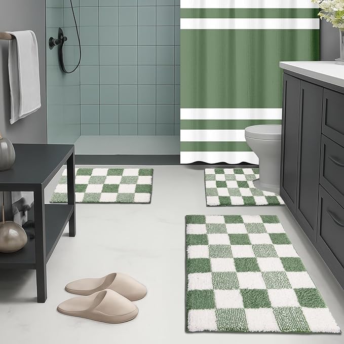 Britimes Sage Green Bathroom Sets with Shower Curtain and Rugs, Minimalist Striped Checkerboard Waterproof Shower Curtain Liner and Soft Non Slip Bath Mat for Bathroom Decor and Accessories Hooks