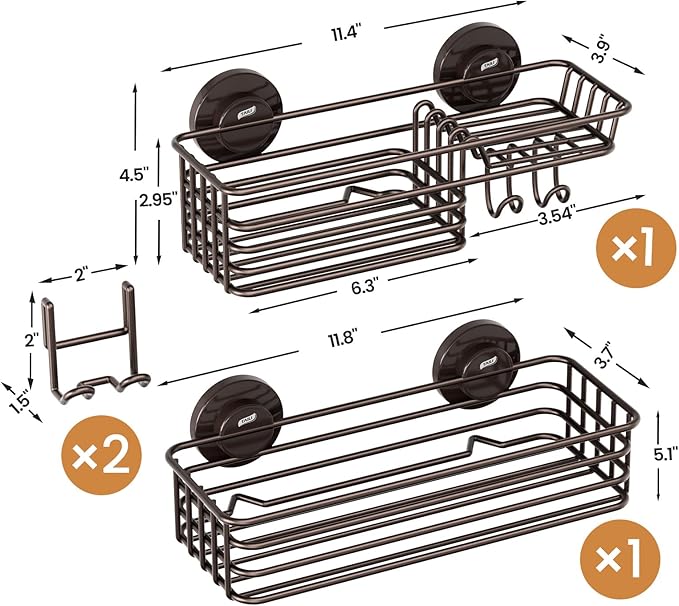 LEVERLOC Shower Caddy Suction Cup, 2 Pack Shelves for Inside with Hooks and Soap Organizer, NO-Drilling Bathroom Holder, Rustproof Meatl Bathroom Basket, Brown
