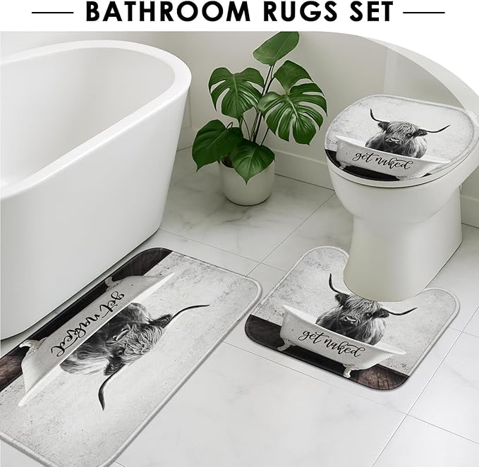 Highland Cow in Bathtub Shower Curtain Set with Toilet Lid Cover and Non-Slip Rugs, Get Naked Grey 4 Pcs Shower Curtain with 12 Hooks, Funny Bathroom Set with Rugs and Accessories