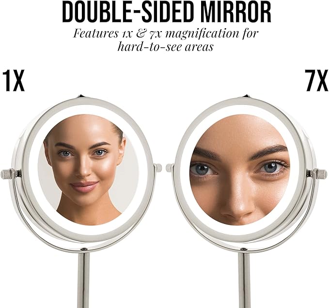 OVENTE Lighted Vanity Mirror 6 Inch Table Top 1X 7X Magnification LED 360 Adjustable Double Sided Spinning Personal Makeup Stand Desk Bathroom Battery Powered Round Large Nickel Brushed MLT60BR1X7X