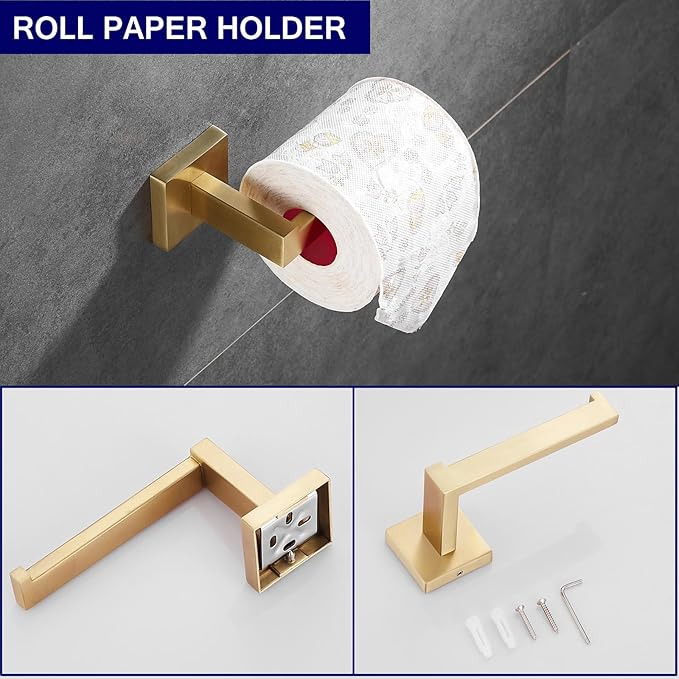 Bathroom Hardware Set 23.6-Inch Towel Bar,2pcs Towel Hook,Toilet Paper Holder,Hand Towel Holder Stainless Steel Brushed Gold Bathroom Accessories GTS3190BG…