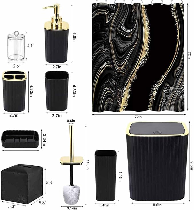 Bathroom Accessories Set - 21PCS Black Bathroom Set with Shower Curtain, Rugs, Trash Can, Soap Dispenser, Soap Dish, Toilet Brush, Toothbrush Holder, Tumbler Cup, Tissue Box, Q-tip Holders