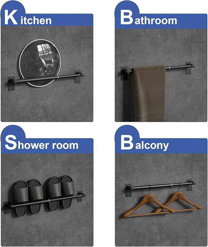 Adhesive Adjustable Towel Bar, Self Stick Bathroom Towel Holders, HOMOTEK Bathroom Rod Size from 14 Inch to 24.5 Inch Single Hanger for Kitchen(Thickened 1 Pack Matte Black)