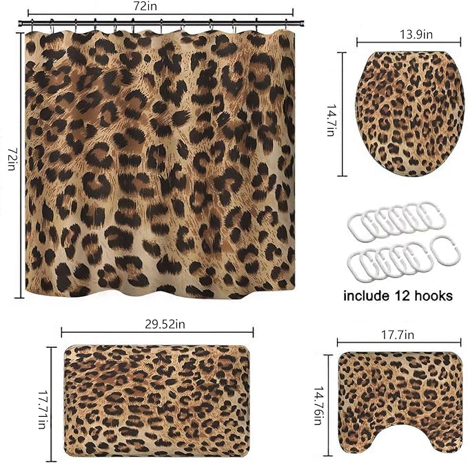 TOMWISH 4 Pcs Leopard Shower Curtain,Brown Cheetah Print Bathroom Sets Complete,Shower Curtain Toilet Lid Cover and Bath Mat Bathroom Decor Sets,juego de baños de Set Bath Accessories with Hooks