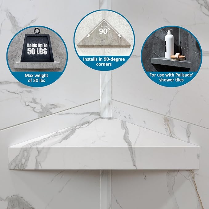 Palisade Vinyl Waterproof Corner Shower Shelf in Spanish Marble