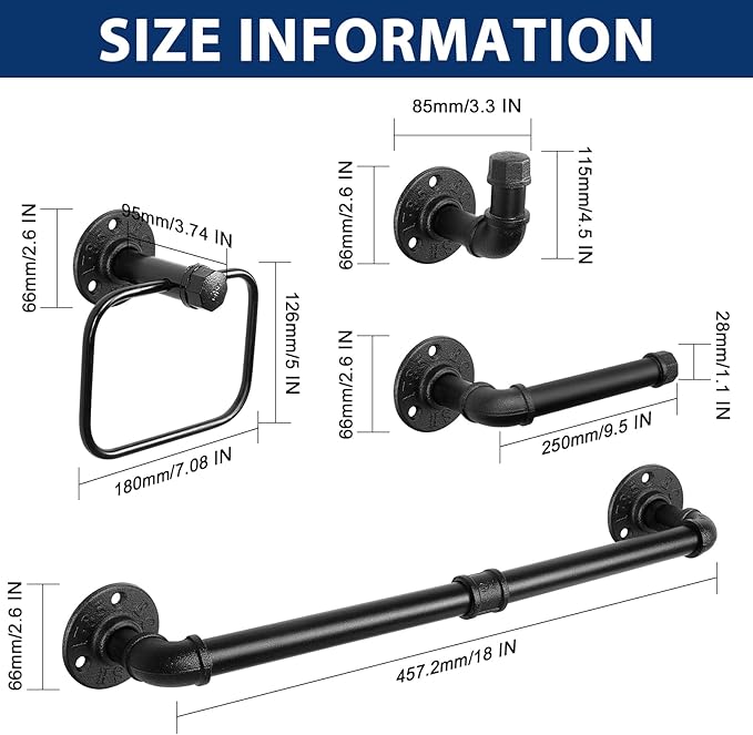 NearMoon 4 Pieces Industrial Pipe Bathroom Hardware Set, Include 18 Inch Towel Bar, Towel Ring, Toilet Paper Holder and Robe Hook, Heavy Duty Rustic Iron Decor Wall Mounted Accessories Kit (Black)