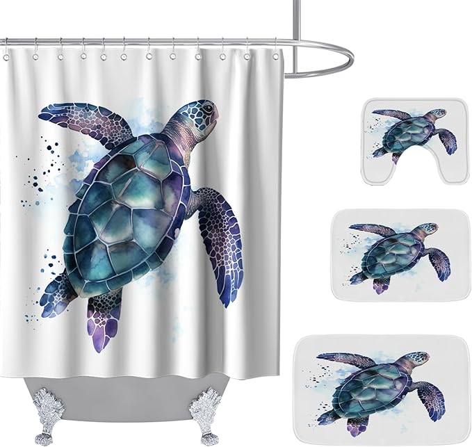 Funny Sea Turtle Ocean Animal Cartoon Bathroom Sets with Shower Curtain and 20 x 31 Rugs Bathroom Accessories Sets Decor with Bath Rug, Bath Mat, U-Shaped Contour and Hooks 72 x 72 Inch Teal Purple
