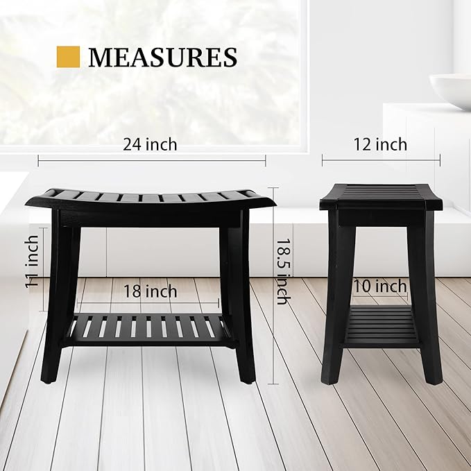 Bamboo Shower Bench Inside Shower Stool with Storage Shelf, Spa Bath Chair for Bathroom, Seat or Organizer for Living Room, Bedroom and Garden - Great for All Ages Unisex Elderly (Large, Black)
