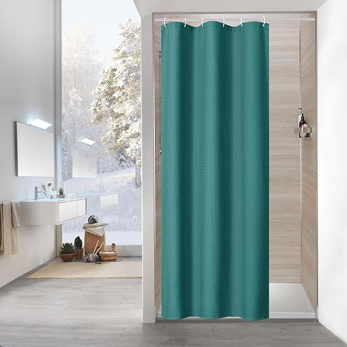 MitoVilla Emerald Green Waffle Small Stall Shower Curtain 36 x 72, Half Size Narrow Shower Curtains for Bathroom Decor, 36 inch Weighted Shower Curtain Set with Plastic Hooks, Seaweed Green