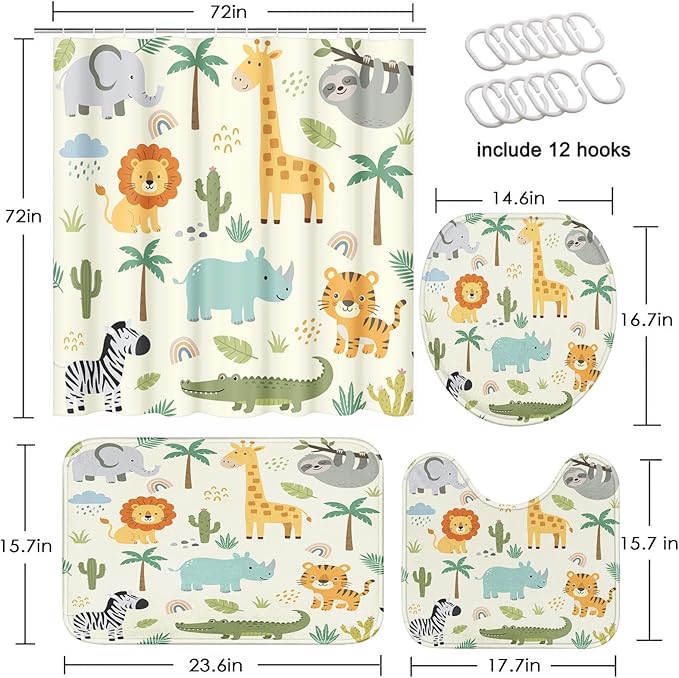 Britimes 4 Piece Shower Curtain Sets, Safari Kids Animals Cute with Non-Slip Rugs, Toilet Lid Cover and Bath Mat, for Bathroom Decor Set, 72" x 72"
