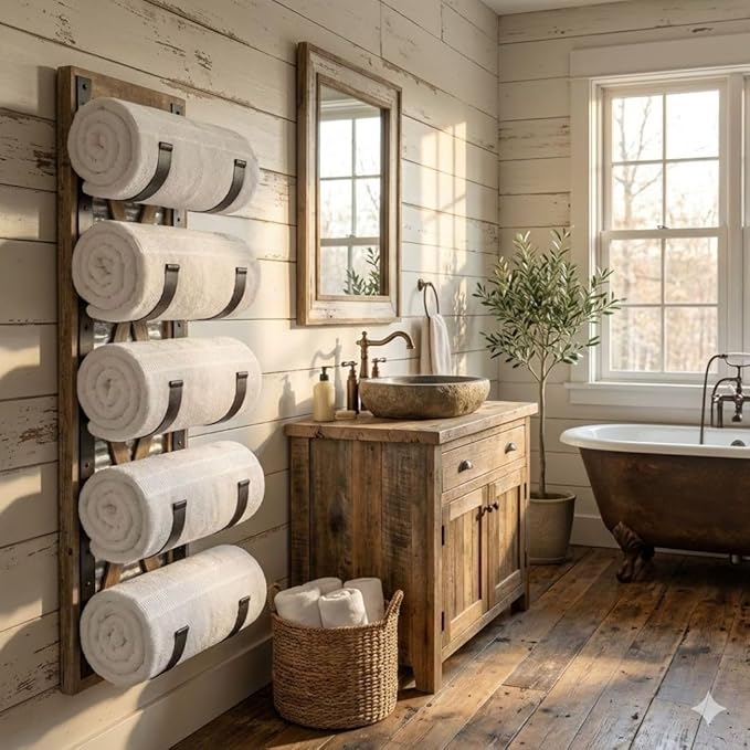 Autumn Alley Farmhouse Towel Holder, Rustic Wine Rack, Rolled Towel Rack, and Wine Holder for Farmhouse Bathroom Accessories Décor, Western Decor Wall Mounted Towel Rack, Rustic Brown