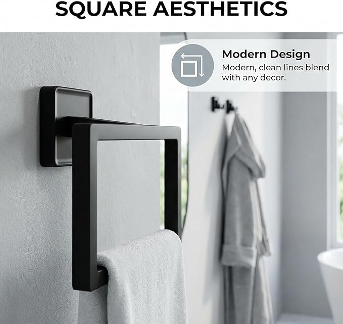 5-Piece Square Matte Black Bathroom Hardware Set - Wall Mounted Towel Bar Bath Accessories