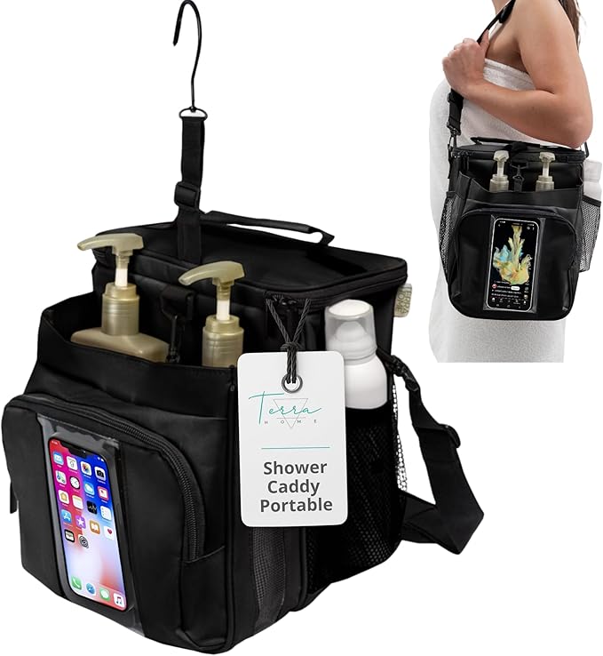 TERRA HOME Portable XL Shower Caddy Bag - College Dorm Room Essentials for Men, Women, Students - Foldable, Water Resistant with Hanging Keychain Hook and Shoulder Strap Shower Organizer Bag (Black)